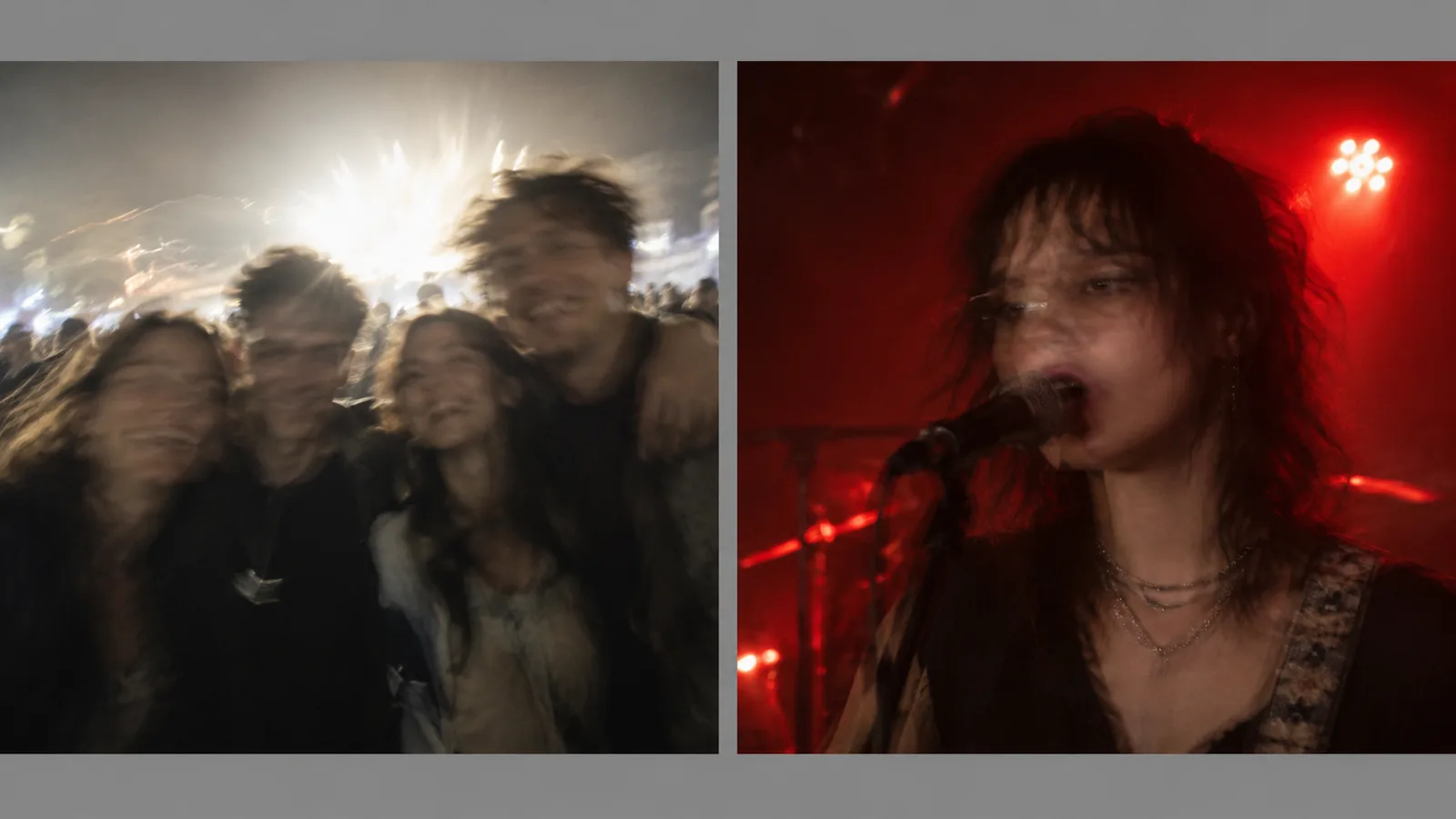 Left: a blurry, crowded group photo - the source that fails. Right: a clean single-subject render in the red-lit scene.