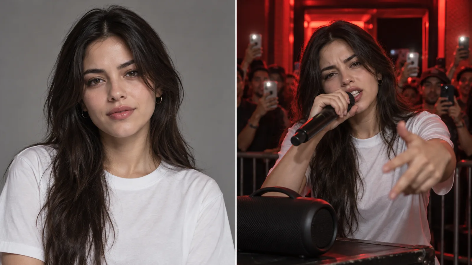 Left: a studio portrait in a white tee. Right: the same person performing with a microphone in the Bulin 47 street freestyle scene, crowd filming on phones.